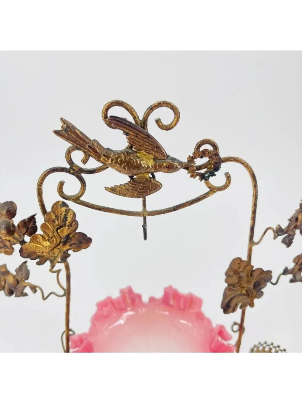 Antique French Gilt Pocket Watch Holder Vanity Pink Glass Bowl Bird Flowers